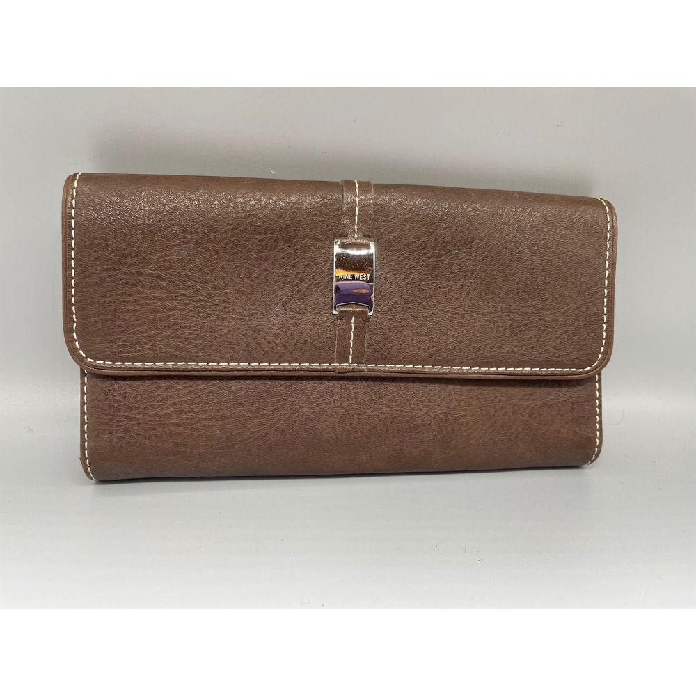 Nine West Womens Bifold Clutch Wallet Brown Faux Leather White Stitching